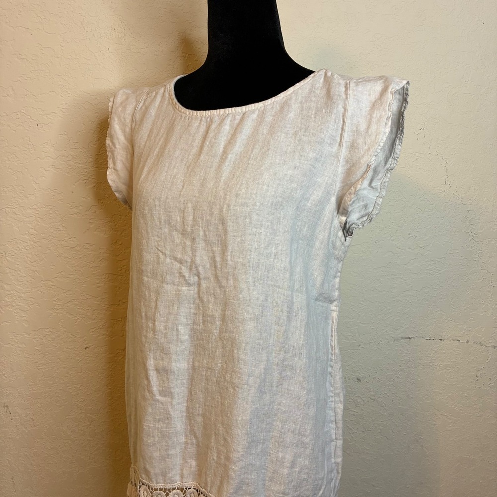 Terzo Millennio Italy Linen Crochet Lace Top Small Trim Cap Sleeve Tunic Beige